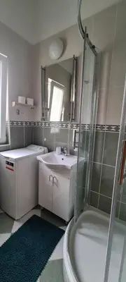 a bathroom with a shower and a sink and a toilet at Apartman Petar in Budva