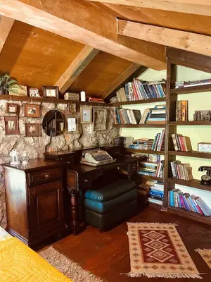 an office with a desk and a library of books at Village house Velimirović in Danilovgrad