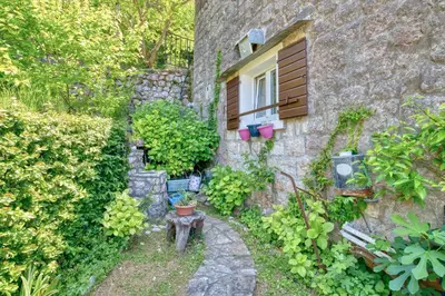 a stone house with a window and a plant at Eva's country house in Buljarica