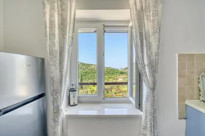 a kitchen with a window and a refrigerator at Eva's country house in Buljarica