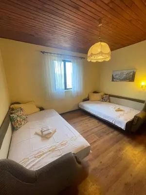 a bedroom with two beds and a chandelier at DOLCE NOTTE rooms in Virpazar