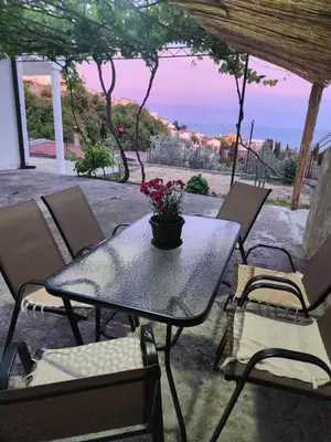a table and chairs with a potted plant on it at Adriatic Sea View Rooms in Ulcinj