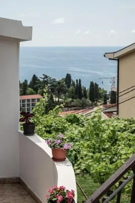 a balcony with flower pots and the ocean at Adriatic Sea View Rooms in Ulcinj