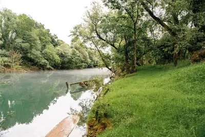 a river with grass and trees next to a field at Pool & River House - Lazara in Danilovgrad