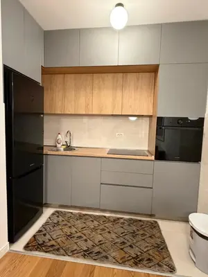 a kitchen with a sink and a black refrigerator at White Homes 45 • Central Point in Podgorica