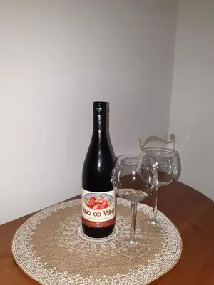 a bottle of wine and two glasses on a table at Smurf's house in Budva