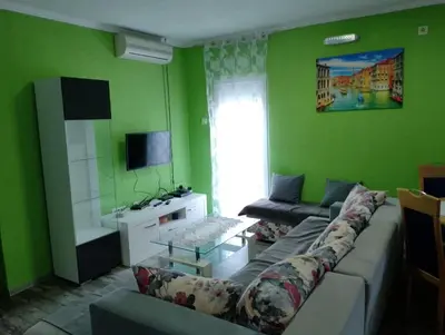 a living room with green walls and a couch at Apartman Jovanovic in Sutomore