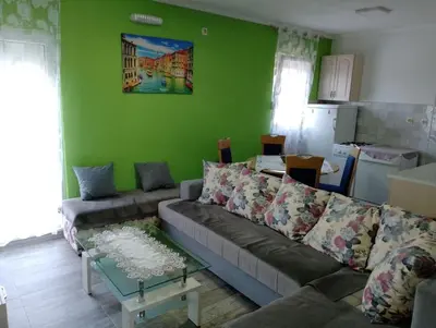 a living room with a couch and a green wall at Apartman Jovanovic in Sutomore