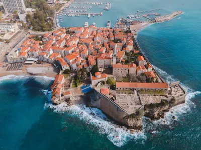 an aerial view of a town on the beach at Tara Two Bedroom Apartment - Budva in Budva