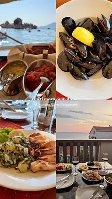 a collage of four pictures of food on plates at Apartman Bonaca in Pržno