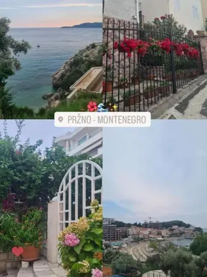 a collage of two pictures of a building with flowers at Apartman Bonaca in Pržno