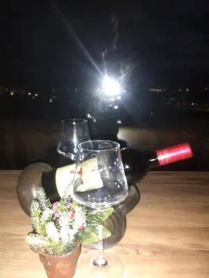 a bottle of wine and a wine glass on a table at WOODSTONE APARTMAN in Podgorica