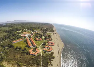an aerial view of a resort on the beach at Vila Elkom, Apartment 5 in Ulcinj