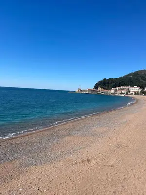 a beach with the ocean and buildings in the background at Apartment Xenia in Petrovac na Moru