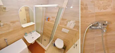 two pictures of a bathroom with a shower and a sink at Old Town View - Romantic & Super Stylish in Kotor