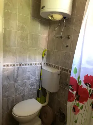 a bathroom with a toilet and a flower shower curtain at Ćetković in Petrovac na Moru