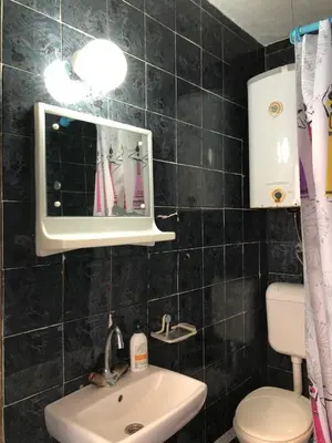 a bathroom with a sink and a toilet and a mirror at Ćetković 1 in Petrovac na Moru