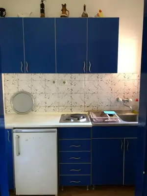 a small kitchen with blue cabinets and a sink at Ćetković 1 in Petrovac na Moru
