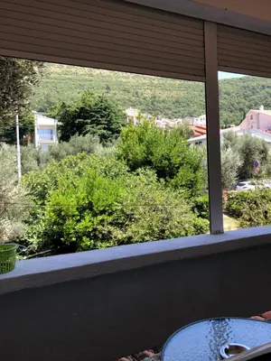 a window of a balcony with a view of bushes at Ćetković 1 in Petrovac na Moru
