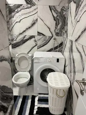 a bathroom with a toilet and a washing machine at Apartment Božović in Budva