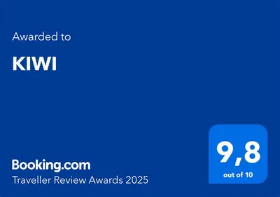 a blue screen with the text awarded to kiwi traveler review awards at KIWI in Bar