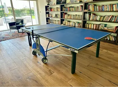 a ping pong table in a room with a book shelf at Home Filip in Golubovci