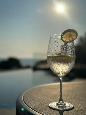 a glass of wine with an orange slice in it at Sunny&calmhouse in Bar