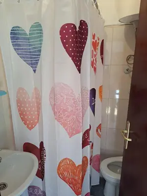 a bathroom with a shower curtain with hearts on it at Nature Escape Montenegro in Kotor