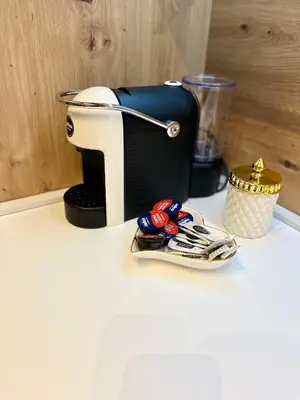 a toaster sitting on top of a counter with a plate at Apartments Doclea in Podgorica