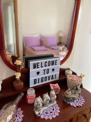 a welcome to blossom sign on a table in front of a mirror at Apartment Alex in Kotor