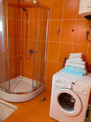 a bathroom with a shower and a washing machine at Romantic auch mit Kindern in Sutomore