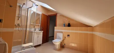 a bathroom with a toilet and a shower and a sink at APARTMANI NINI in Rafailovici