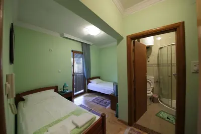a bedroom with a bed and a bathroom with a shower at Guest House Pansion 10 in Cetinje