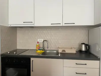 a kitchen counter with a sink and a stove at Home Away Apartment in Podgorica