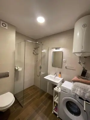 a bathroom with a washing machine and a sink at Home Away Apartment in Podgorica