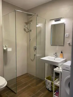 a bathroom with a shower and a sink at Home Away Apartment in Podgorica