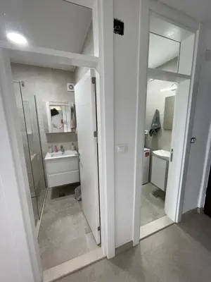 a bathroom with a shower and a sink and a mirror at Pine forest apartment in Ulcinj