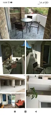 a collage of photos of a patio with a table and chairs at Kod Senada in Utjeha