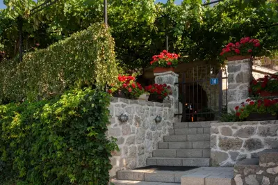 a stone retaining wall with flowers and stairs at Stone Villa Oblun in Briđe
