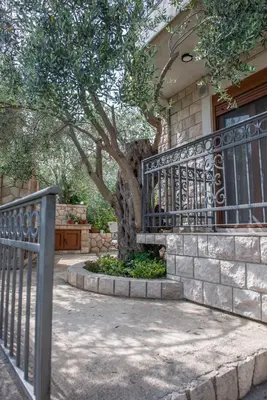 a fence in front of a house with a tree at Rustic Olive House in Ulcinj