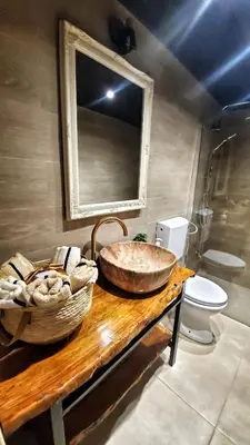 a bathroom with a large sink and a toilet at Coratina Cottage in Ulcinj