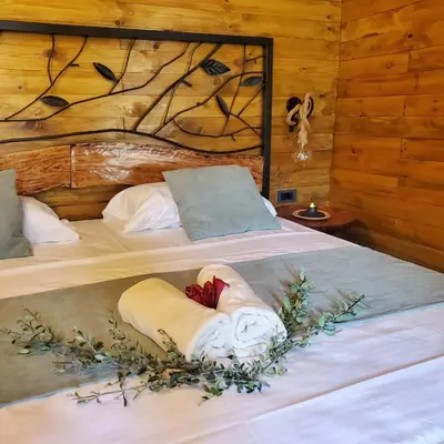 a hotel room with two beds with flowers on them at Coratina Cottage in Ulcinj