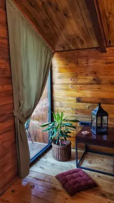 a room with a window and a table and a plant at Coratina Cottage in Ulcinj