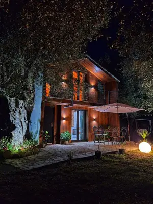 a house with a table and an umbrella at night at Coratina Cottage in Ulcinj