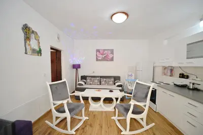 a kitchen and a living room with a table and chairs at Apartman Stefan in Kotor