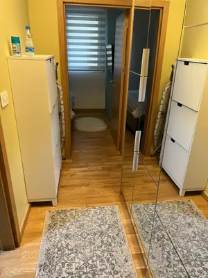 a hallway with a mirror in a room at Apartman Jakov in Becici