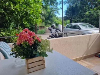 a vase of flowers on a table with a car at Apartment Ninas in Dobrota