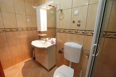 a bathroom with a toilet and a sink and a shower at Apartments Baron in Sveti Stefan