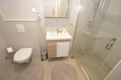 a bathroom with a toilet and a shower and a sink at Radgost Kotor Apartments in Kotor