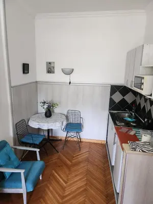 a small kitchen with a table and chairs in a kitchen at Apartments Sandra in Kotor